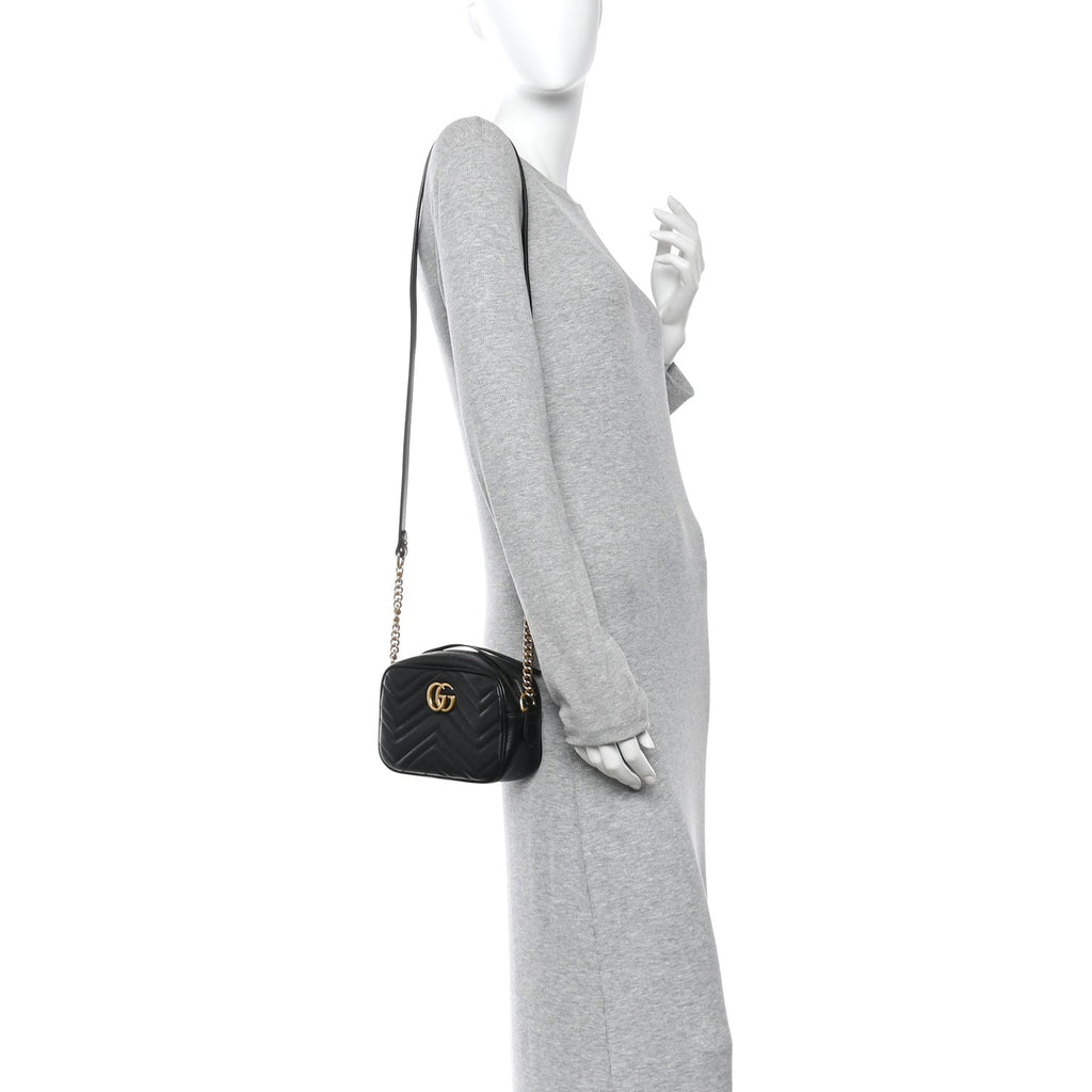 Gucci Calfskin Matelasse Mini GG Marmont Chain Shoulder Bag Black