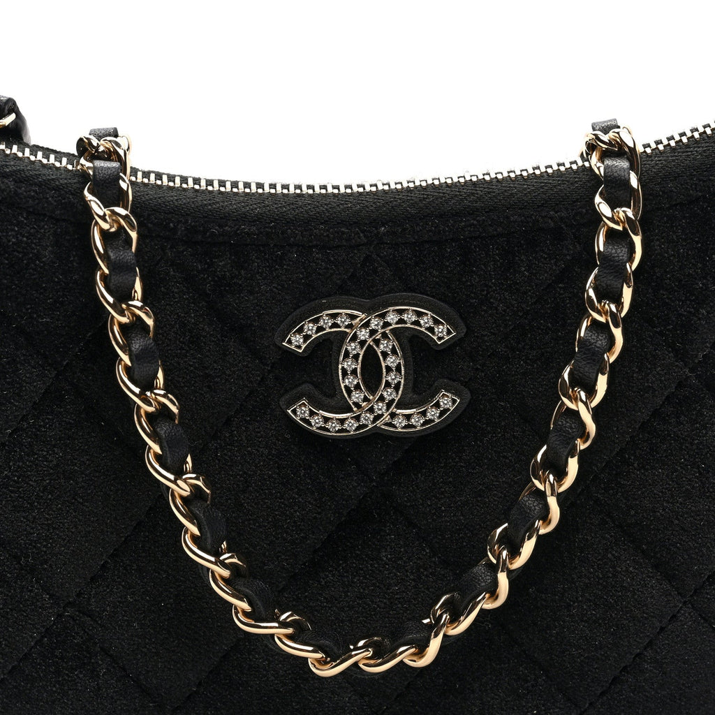Chanel Velvet Crystal Quilted Chain Hobo Black
