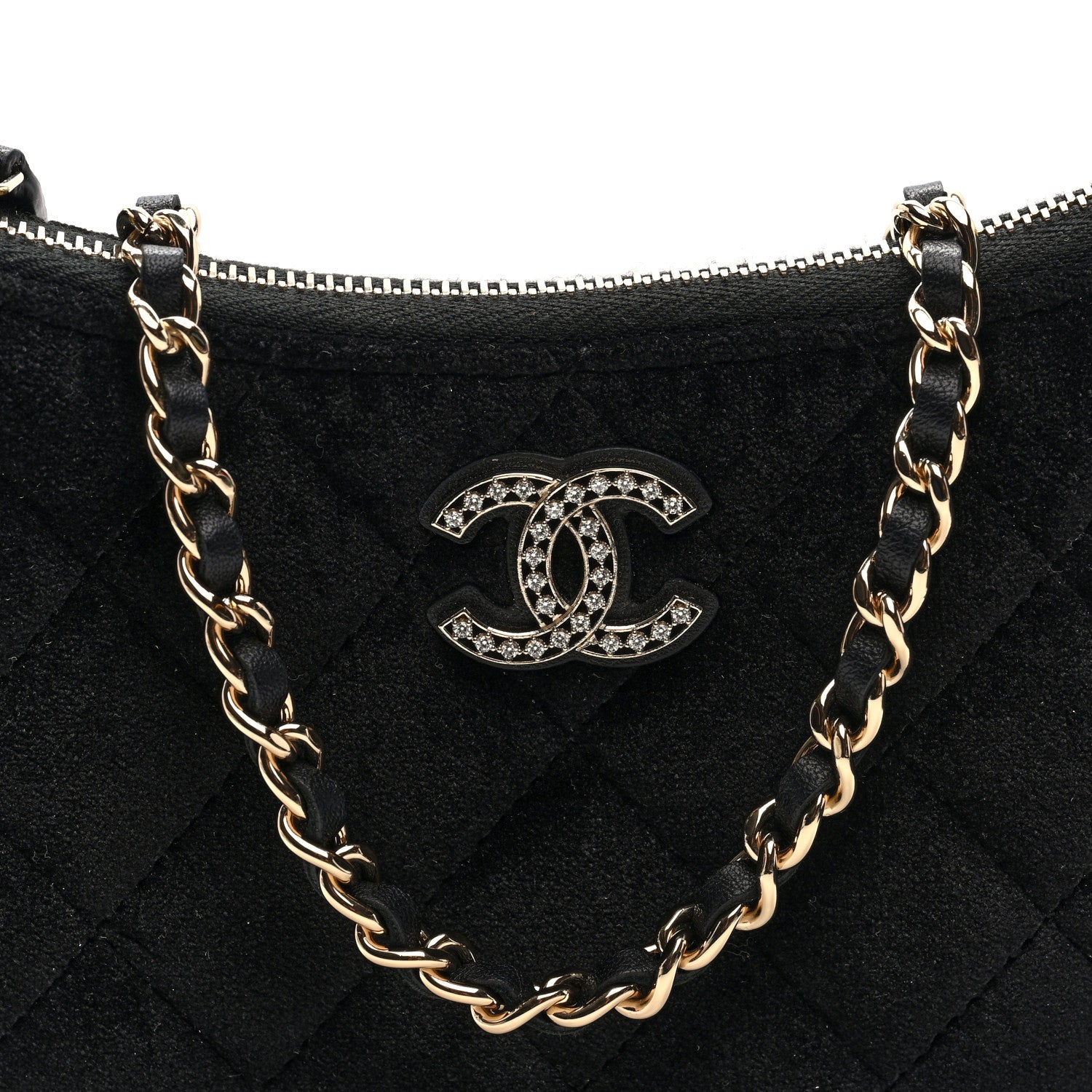 Chanel Velvet Crystal Quilted Chain Hobo Black
