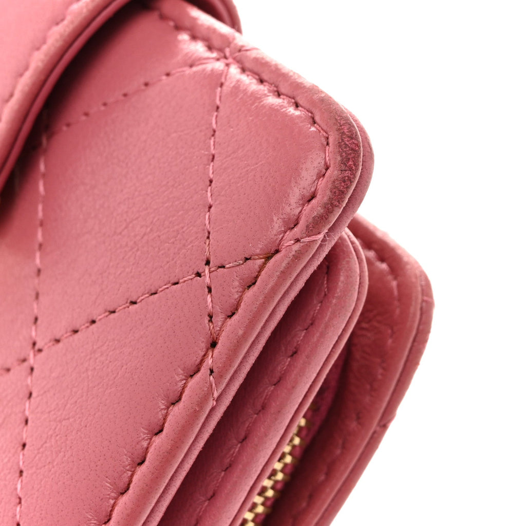 Calfskin Quilted Zip Around Bifold Wallet Pink