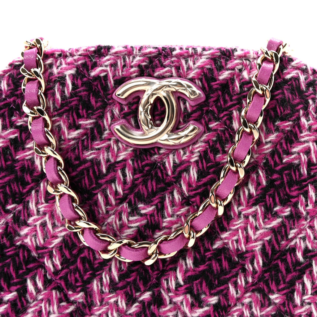Chanel Tweed Quilted Mini Clutch With Chain Purple