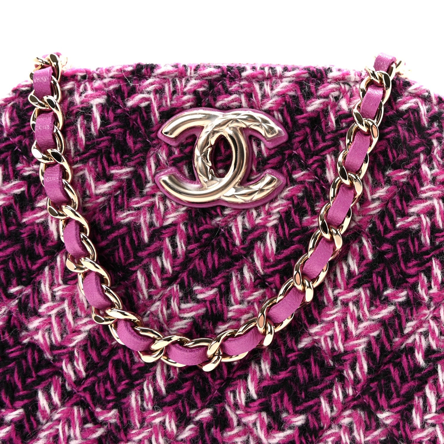 Chanel Tweed Quilted Mini Clutch With Chain Purple
