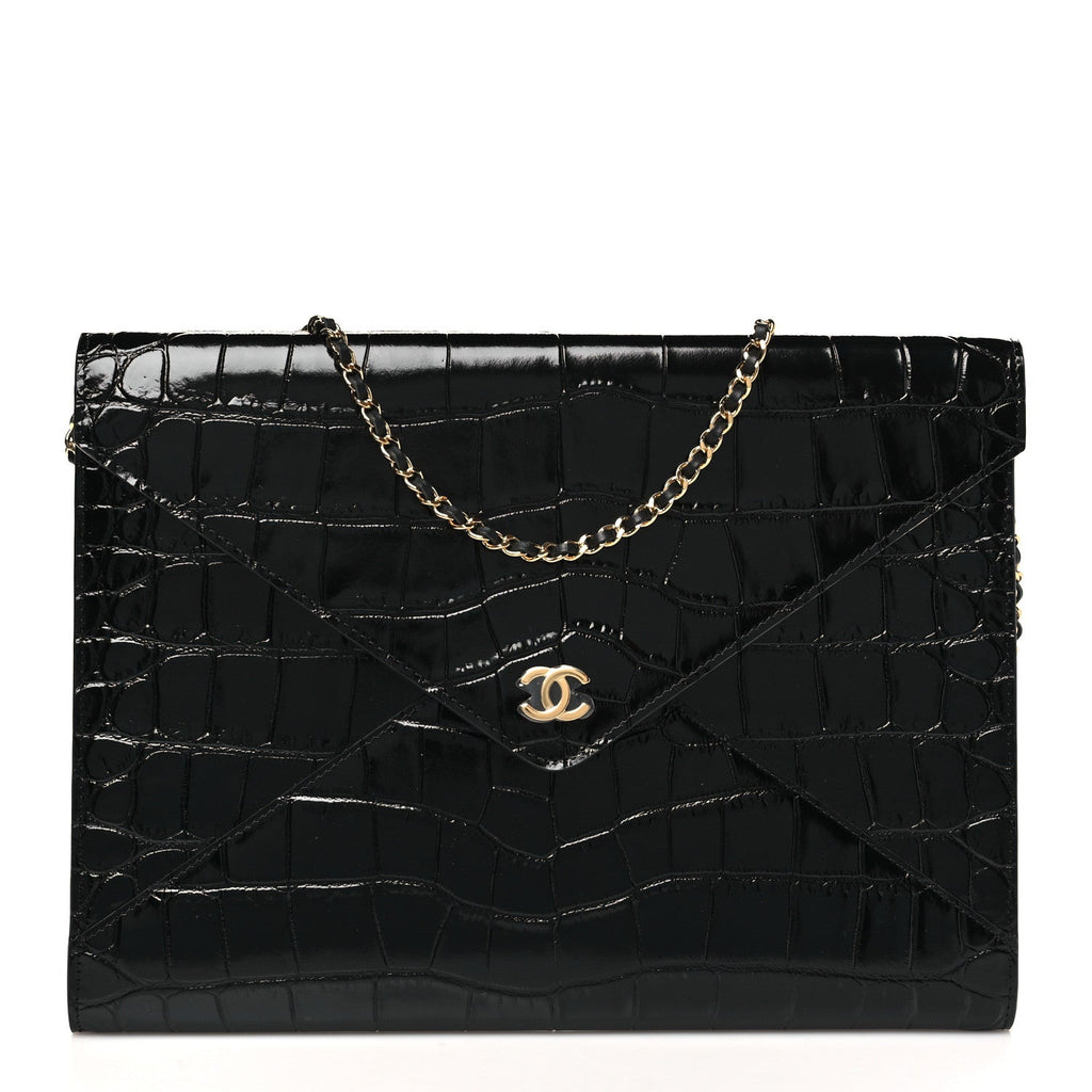 Chanel Calfskin Crocodile Embossed Croc Illusion Clutch With Chain  Black