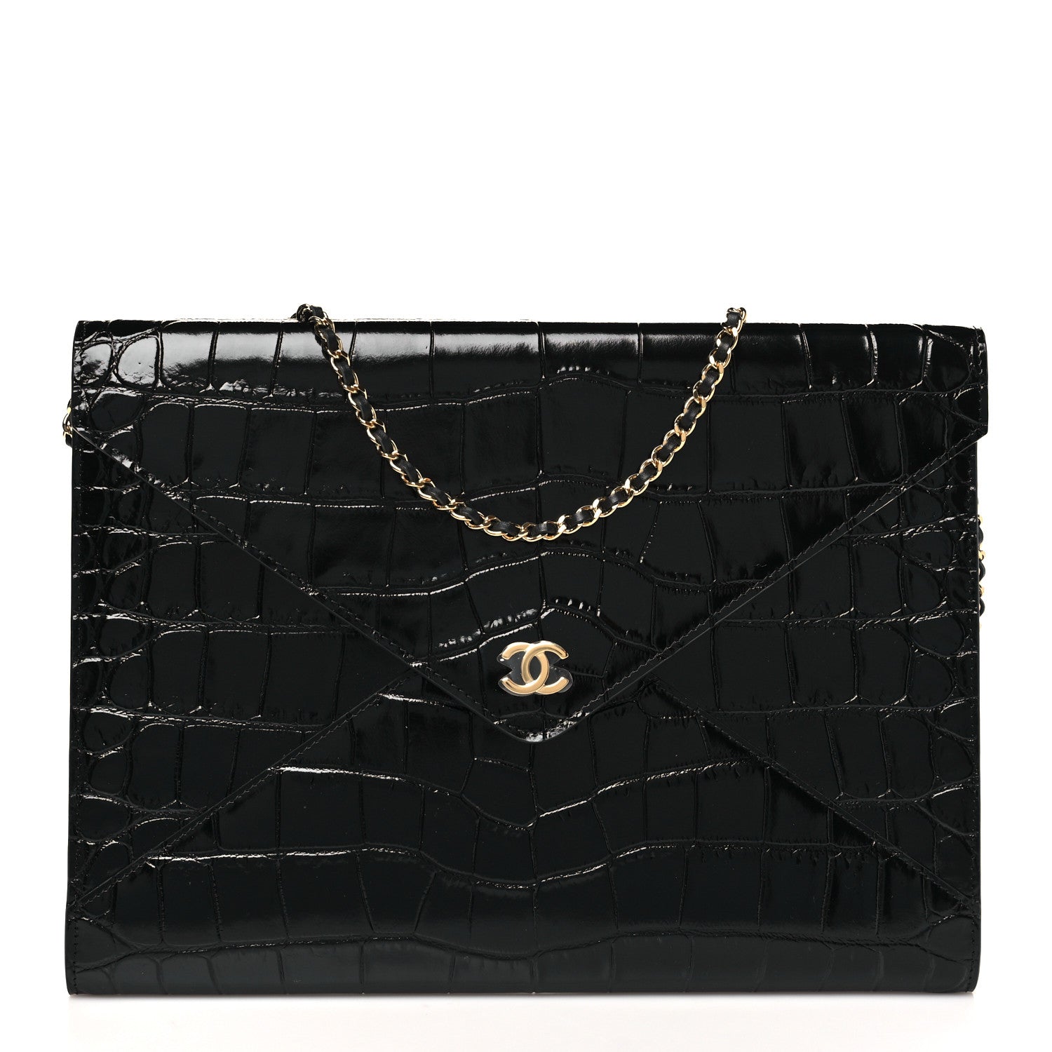 Chanel Calfskin Crocodile Embossed Croc Illusion Clutch With Chain  Black