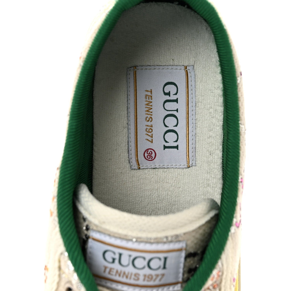Gucci Canvas Lame Crystal GG Monogram Womens 1977 Tennis Sneakers 36 Gardenia Silver Mystic White