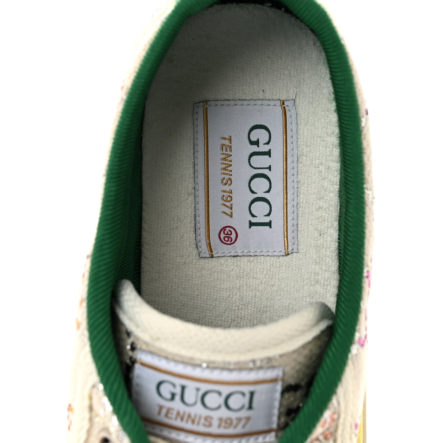 Gucci Canvas Lame Crystal GG Monogram Womens 1977 Tennis Sneakers 36 Gardenia Silver Mystic White
