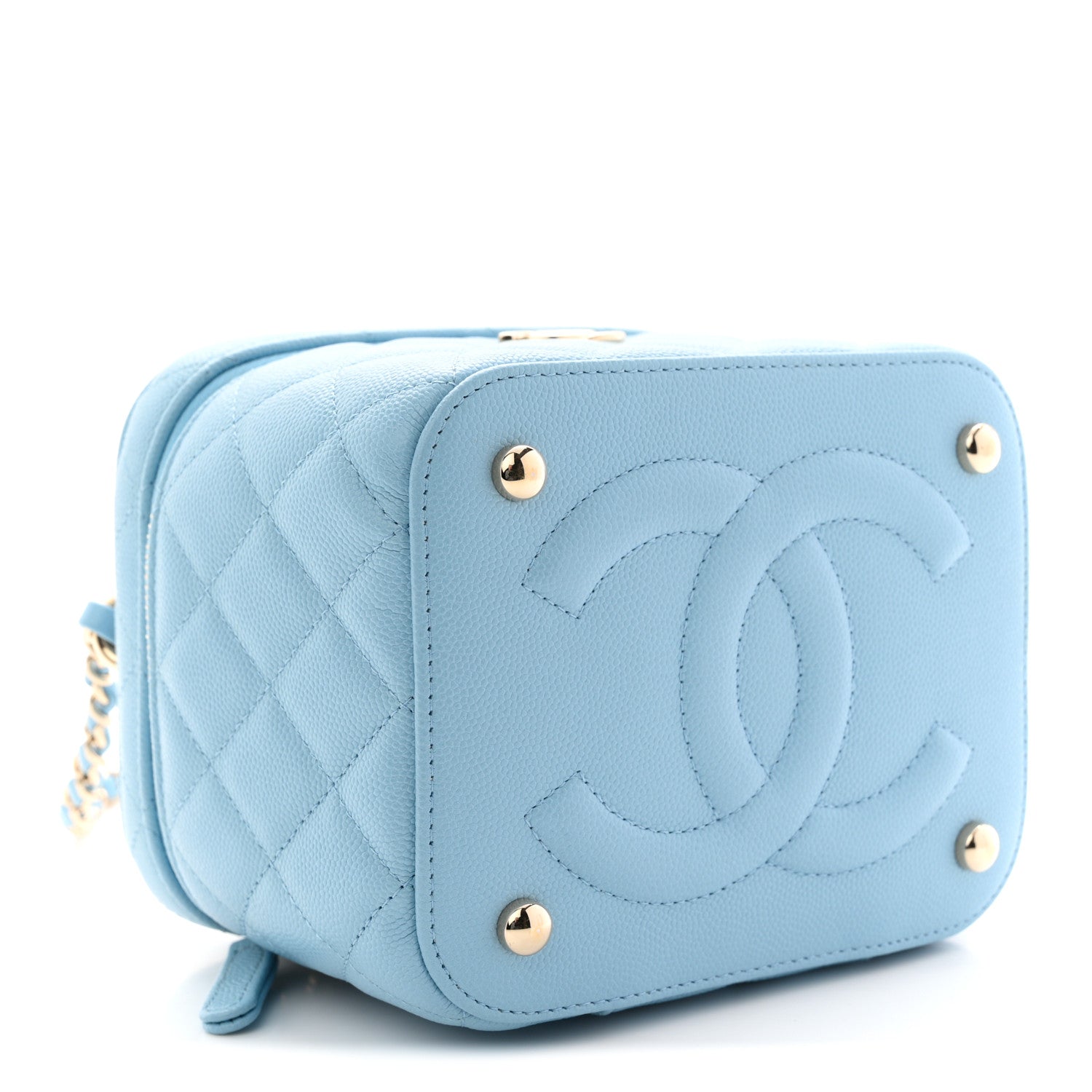 Chanel Caviar Quilted Top Handle Vanity Case With Chain Blue
