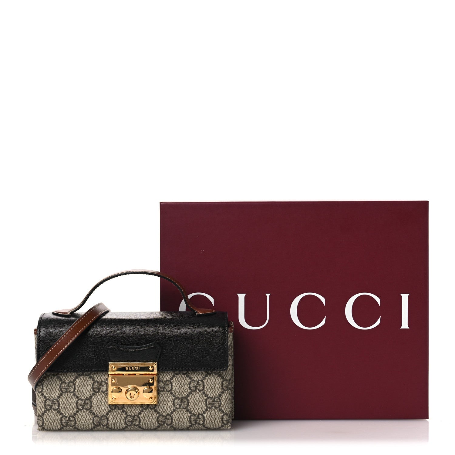 Gucci GG Supreme Monogram Calfskin Mini Padlock Top Handle Shoulder Bag Beige Black Cuir