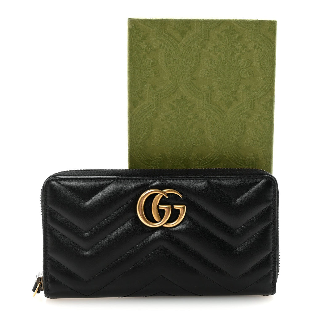 Gucci Calfskin Matelasse GG Marmont Zip Around Wallet Black