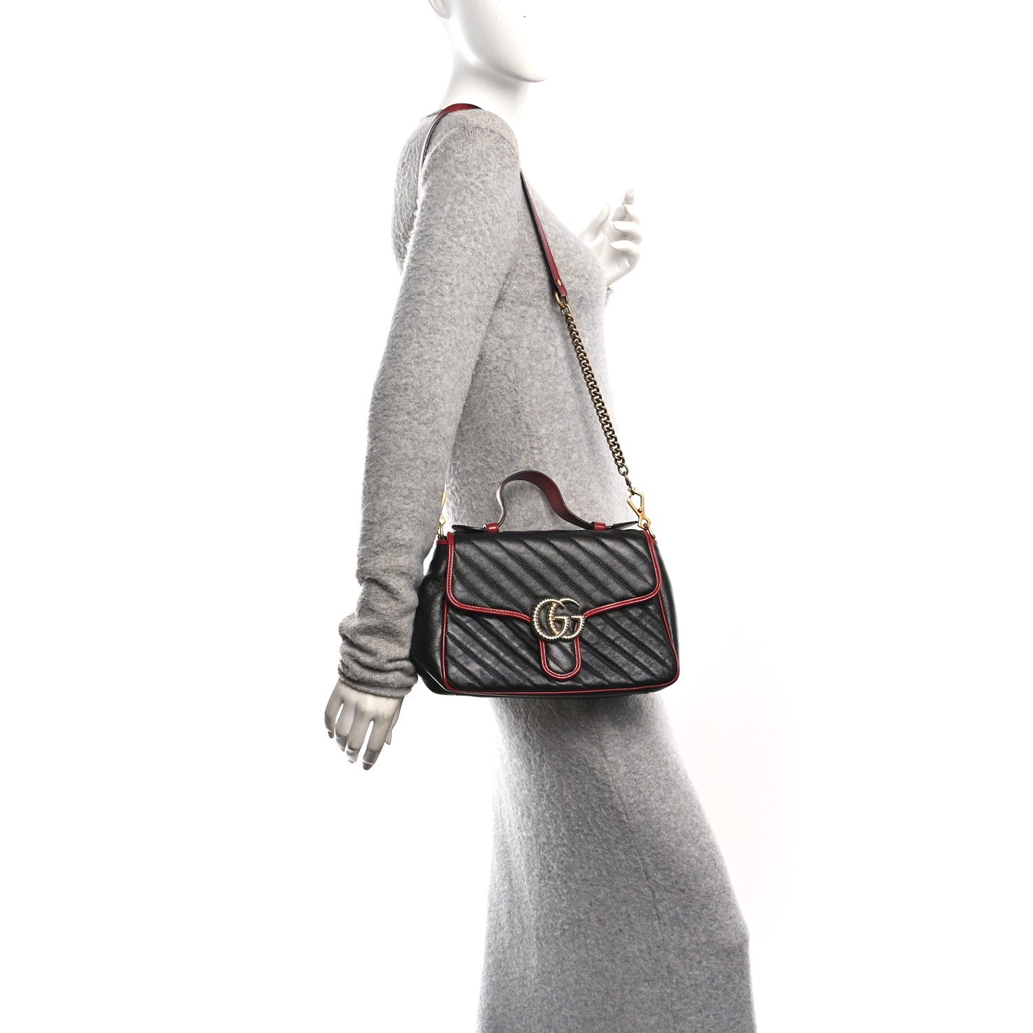 Gucci Vintage Effect Calfskin Matelasse Diagonal Small Torchon GG Marmont Top Handle Shoulder Bag Black Romantic Cherry
