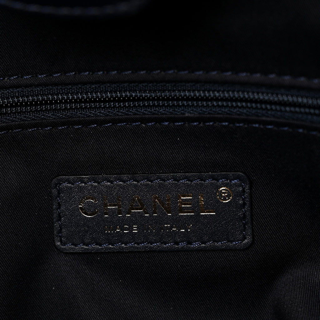 Chanel Tweed Shiny Lambskin Quilted Coco Base Small Shopping Bag Dark Blue