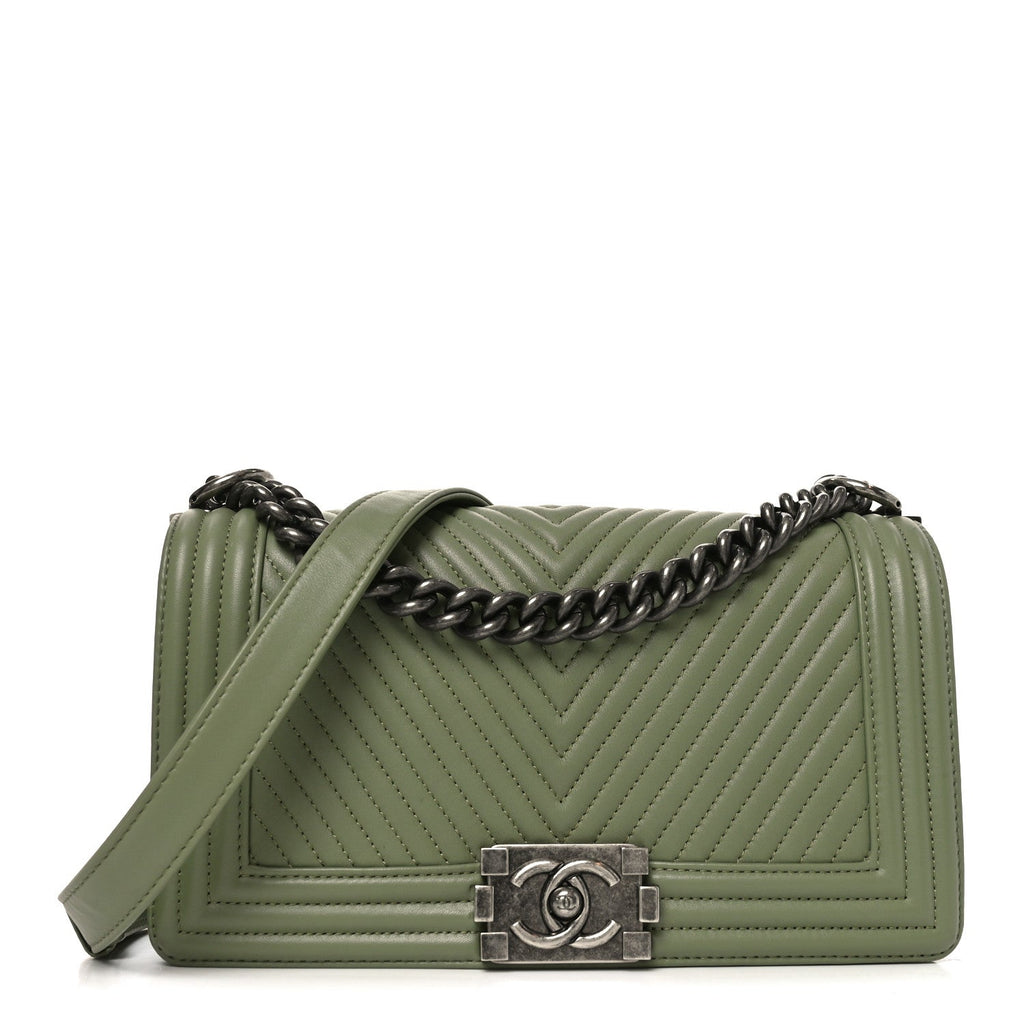 Chanel Calfskin Chevron Quilted Medium Boy Flap Green