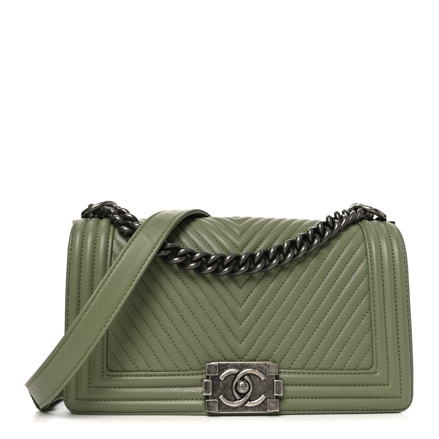 Chanel Calfskin Chevron Quilted Medium Boy Flap Green