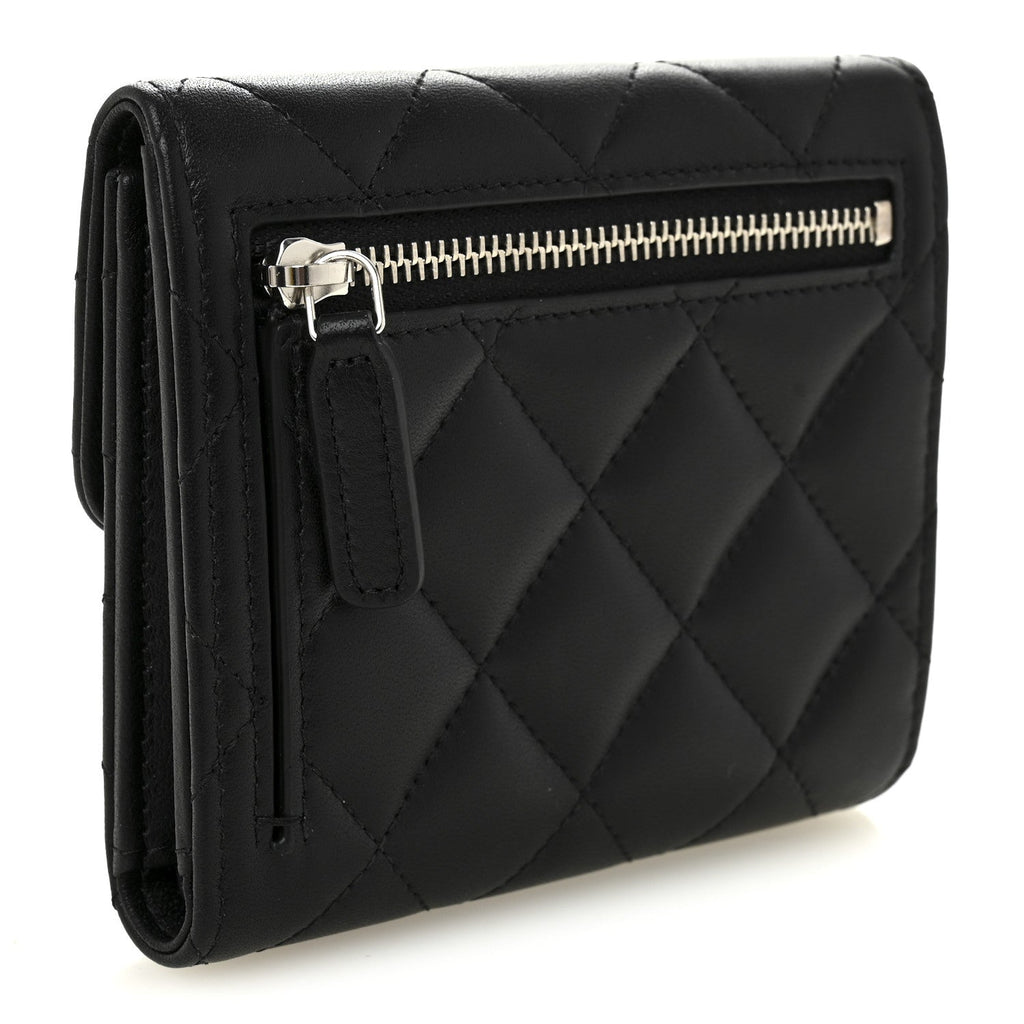 Lambskin Quilted Baguette Crystal Small Compact Wallet Black