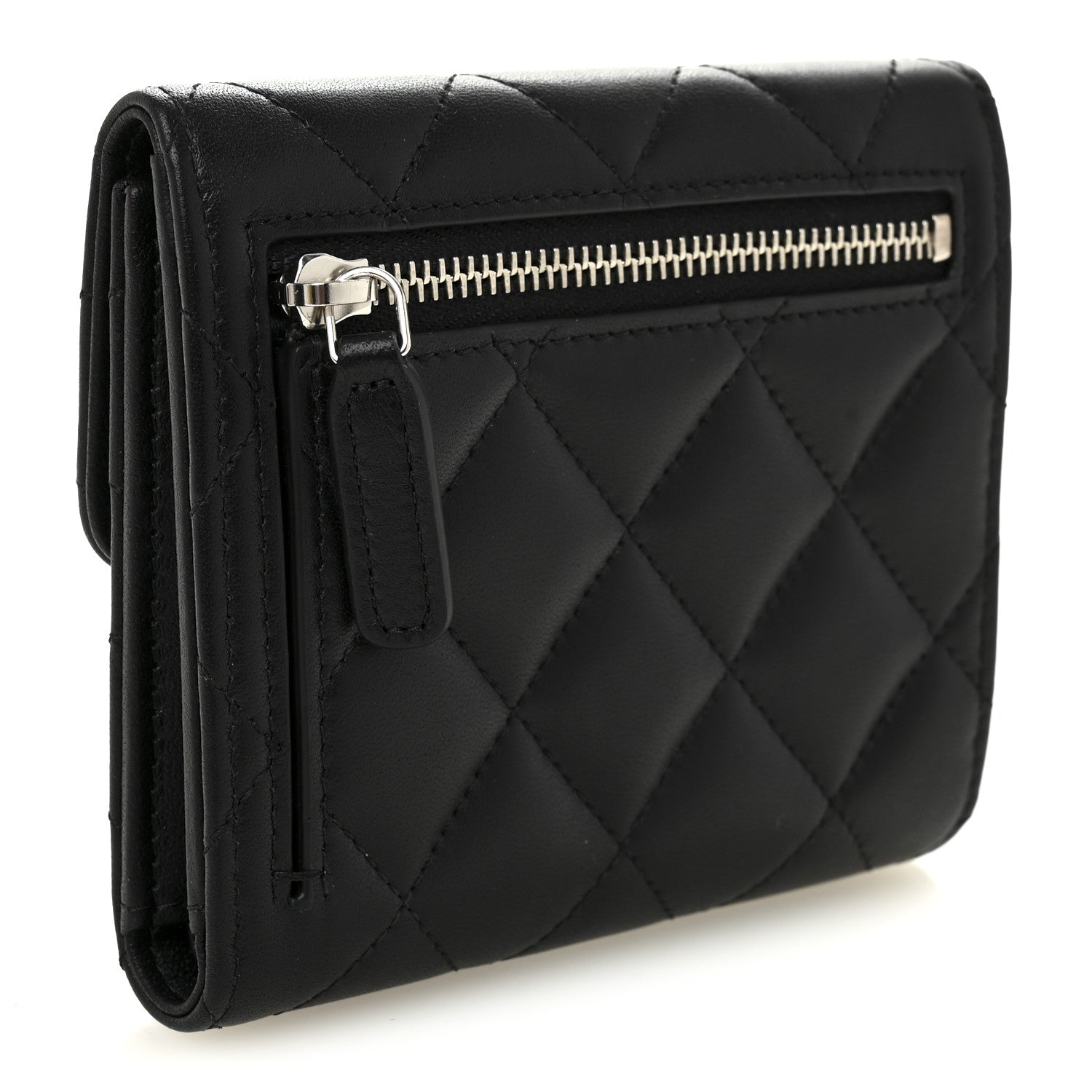 Lambskin Quilted Baguette Crystal Small Compact Wallet Black