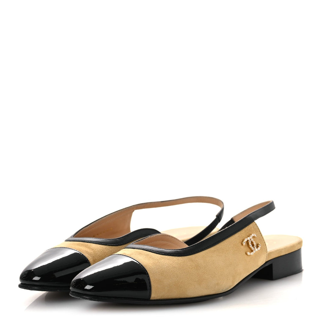 Chanel Suede Patent Crystal CC Cap Toe Slingback Flats 37 Beige Black