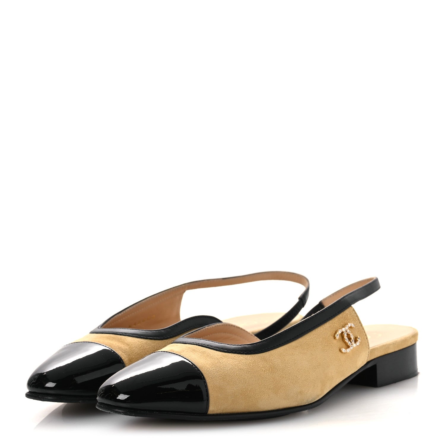 Chanel Suede Patent Crystal CC Cap Toe Slingback Flats 37 Beige Black