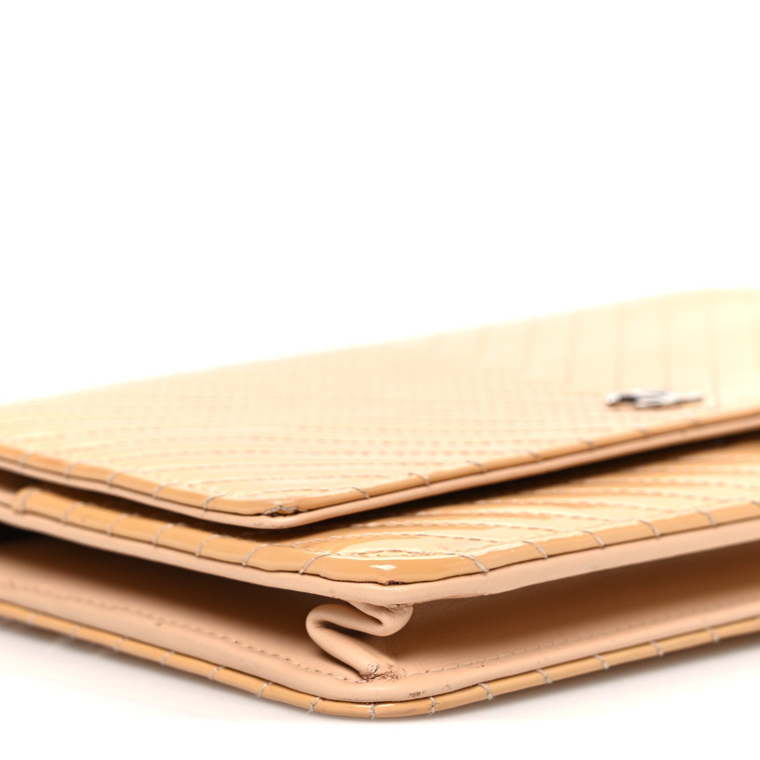Chanel Patent Calfskin Chevron Quilted Wallet On Chain WOC Beige