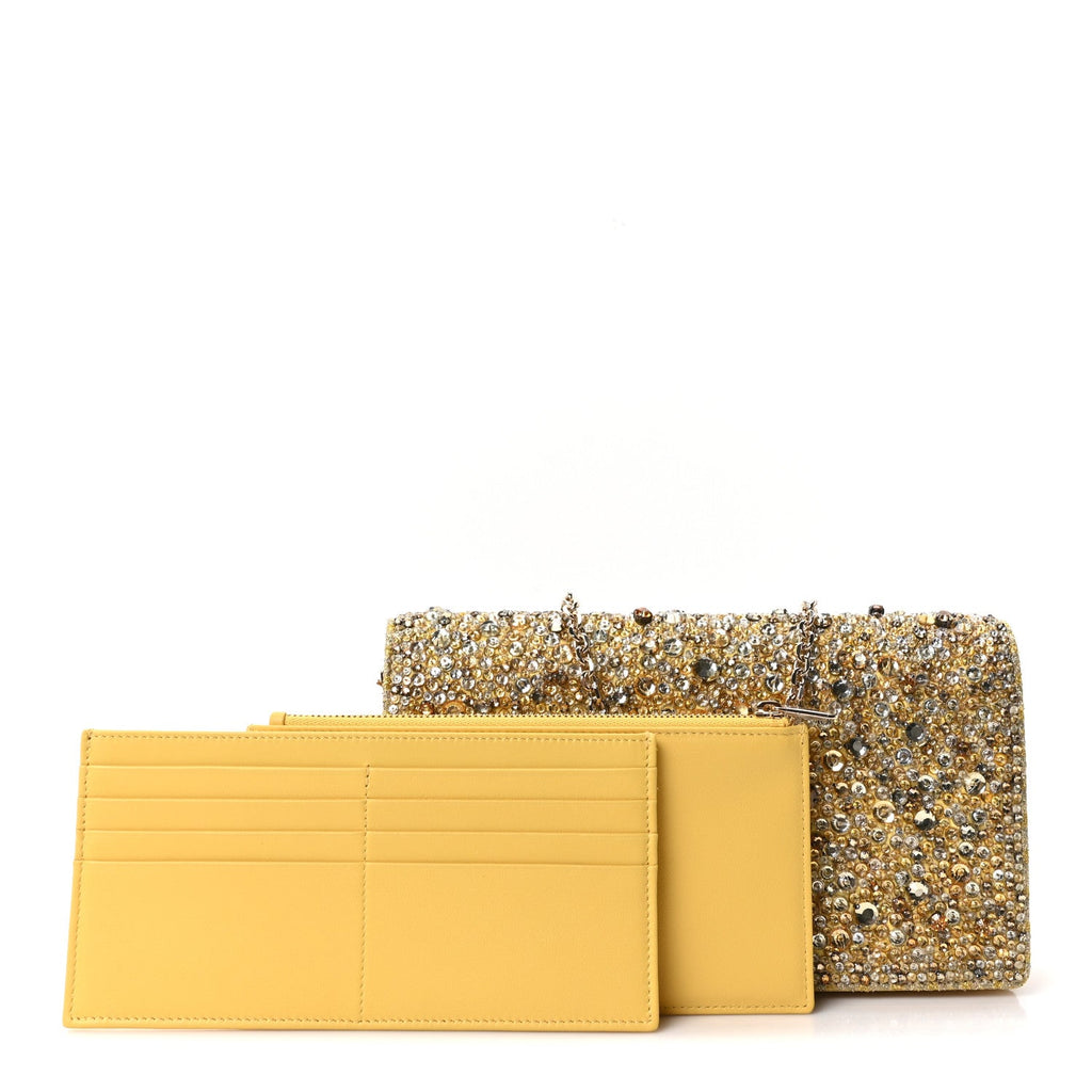 Christian Dior Calfskin Satin Bead Embroidery Lady Dior Clutch Gold Yellow