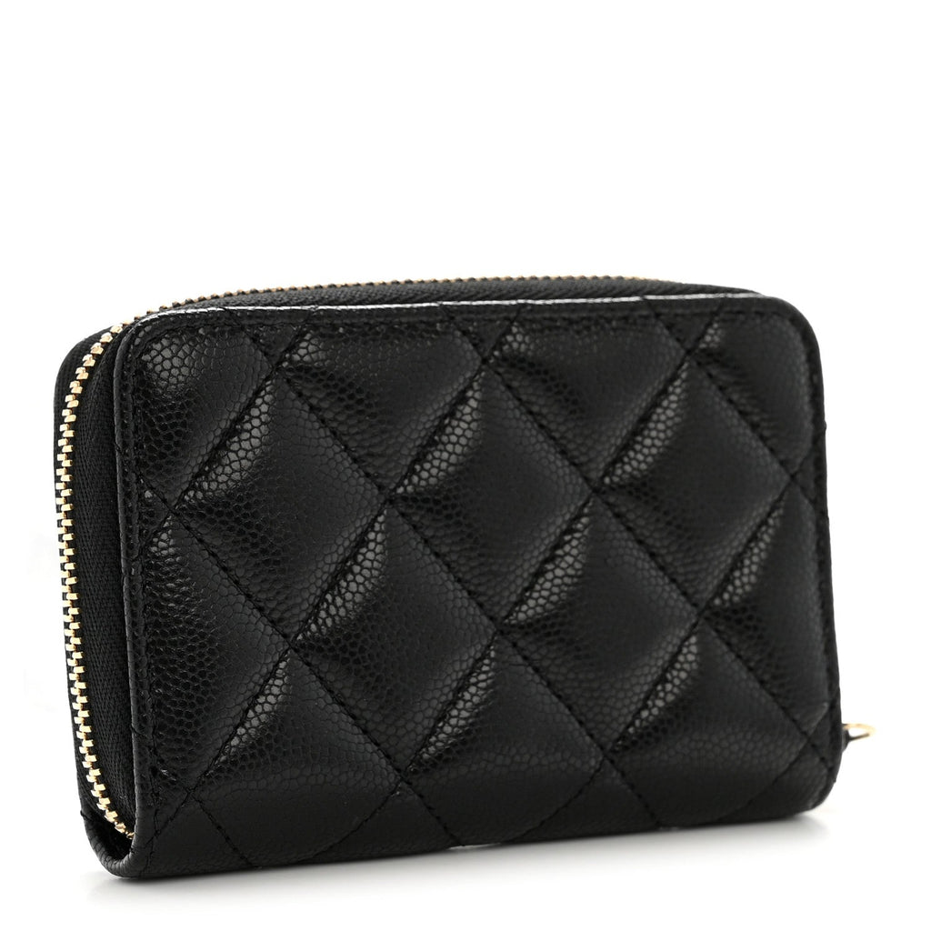 Caviar Quilted Crystal Zip Around Coin Purse Wallet Black
