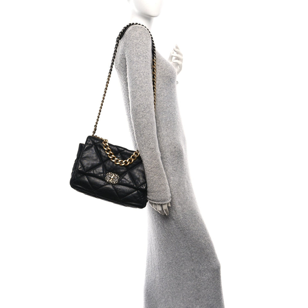 Chanel Shiny Goatskin Quilted Large Chanel 19 Flap Black