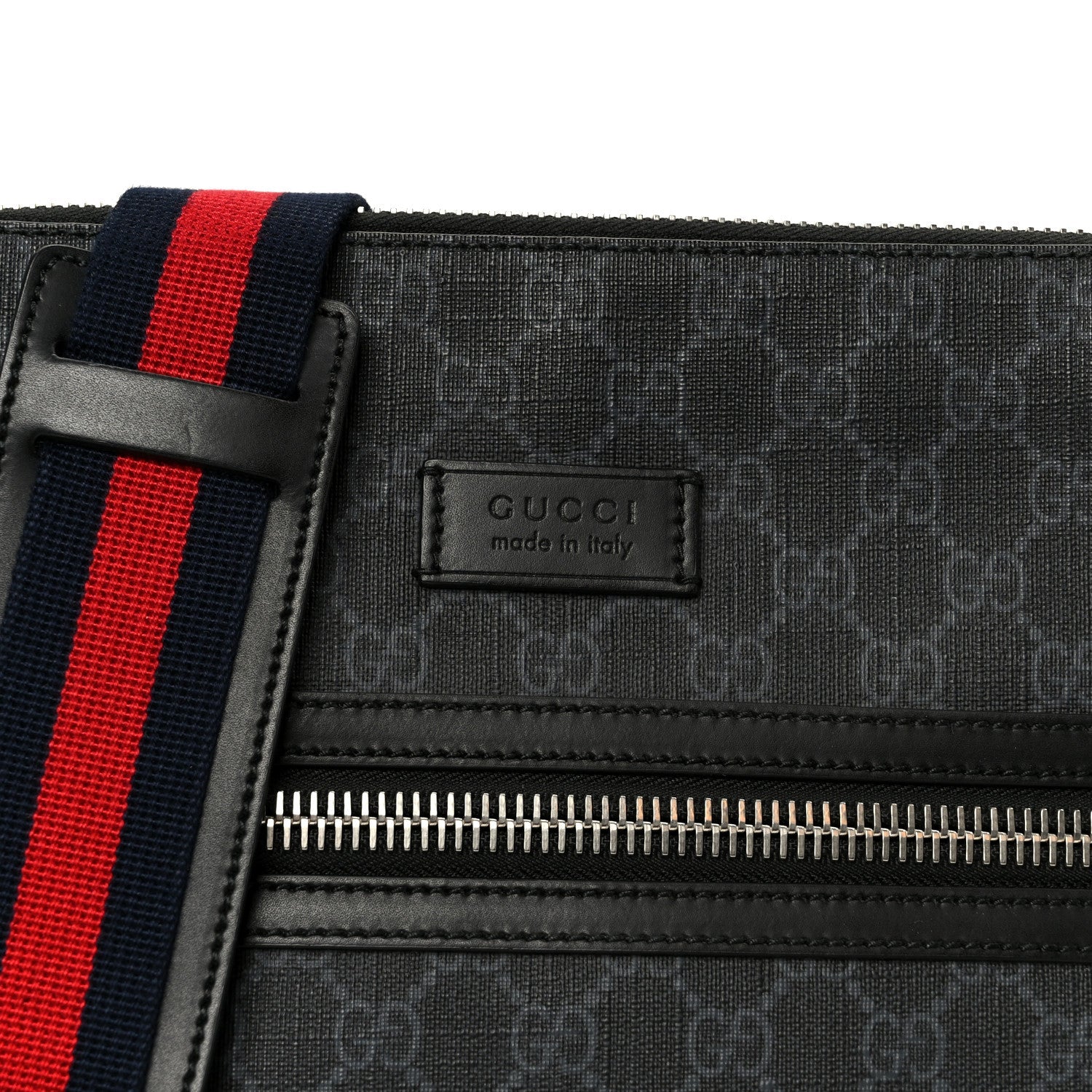 Gucci GG Supreme Monogram Appia Calfskin Web Flat Messenger Bag Black Grey