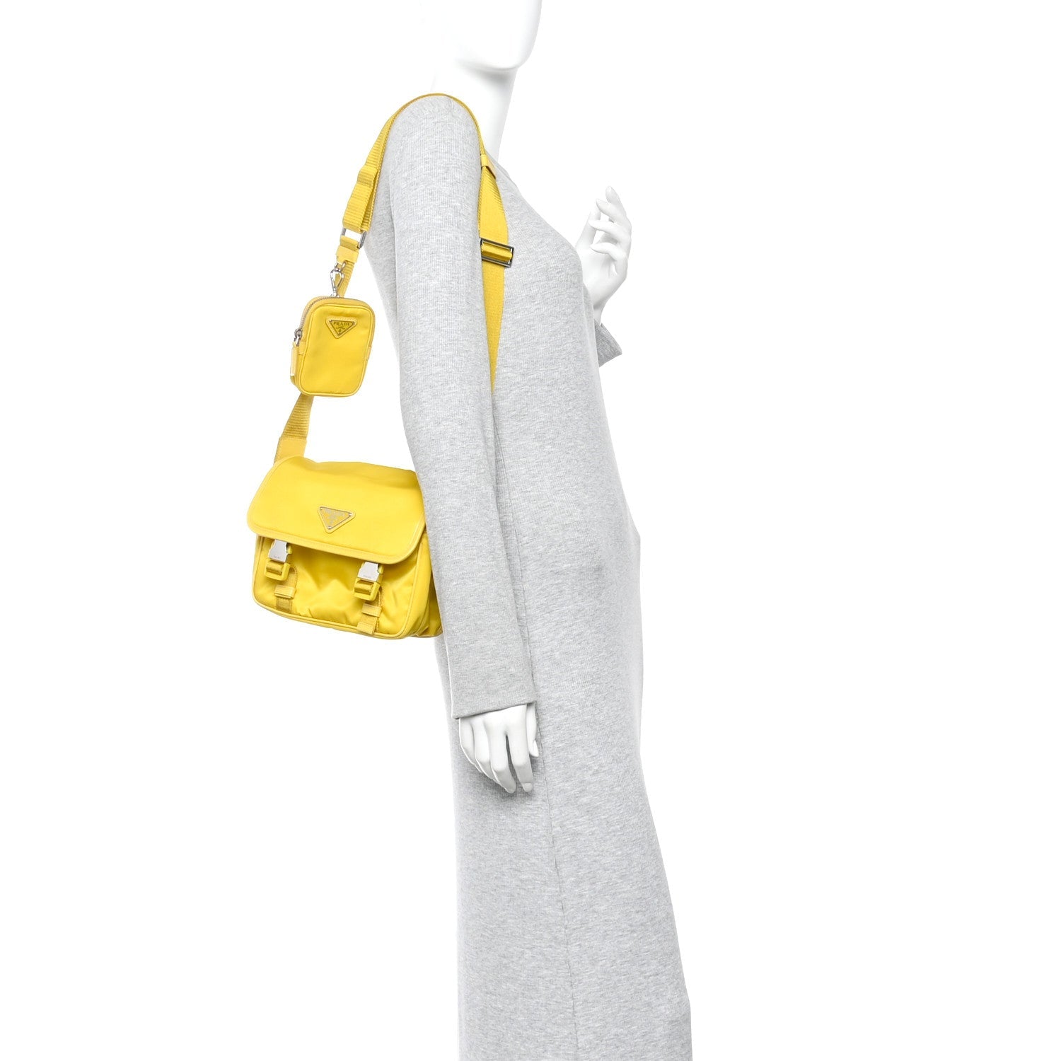 Prada Tessuto Nylon Saffiano Pocket Double Snap Buckle Messenger Shoulder Bag Giallo