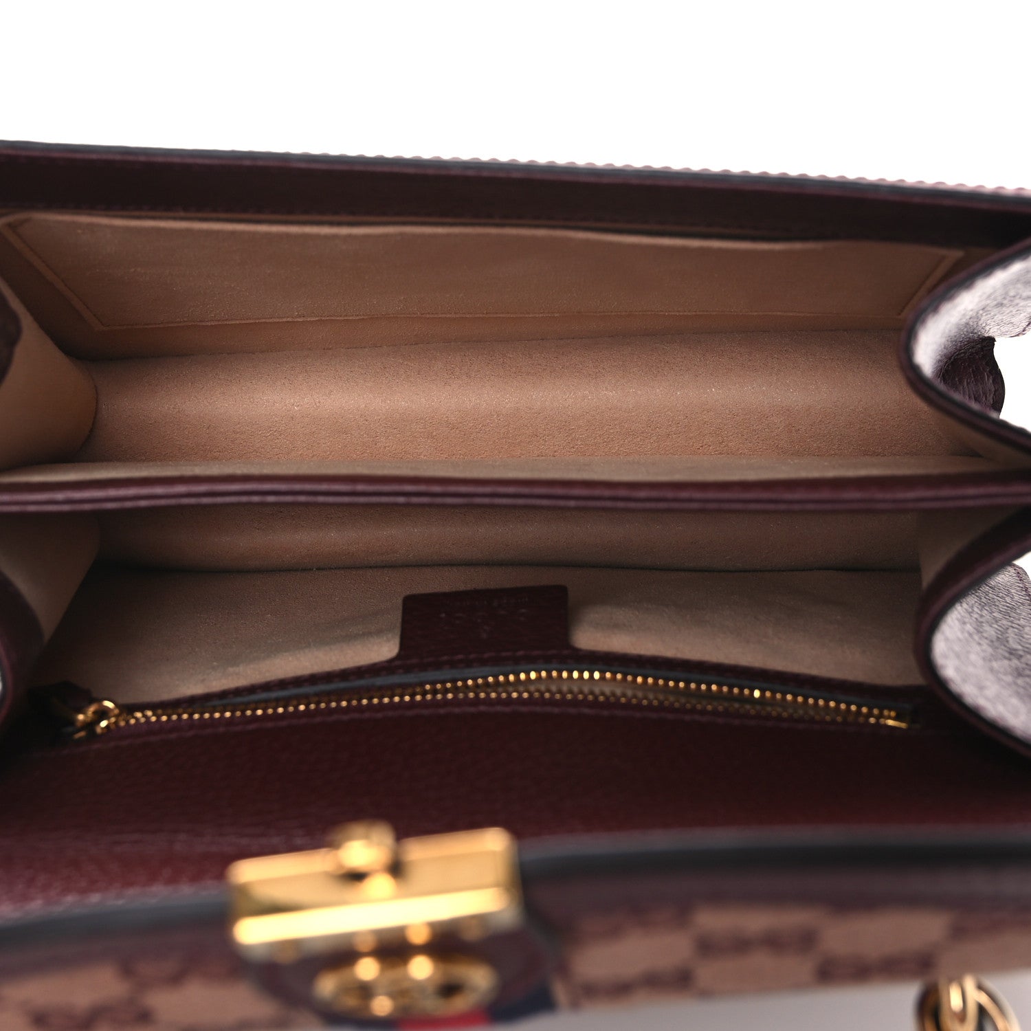 Gucci GG Supreme Monogram Textured Dollar Calfskin Web Small Ophidia Padlock Top Handle Bag Bordeaux