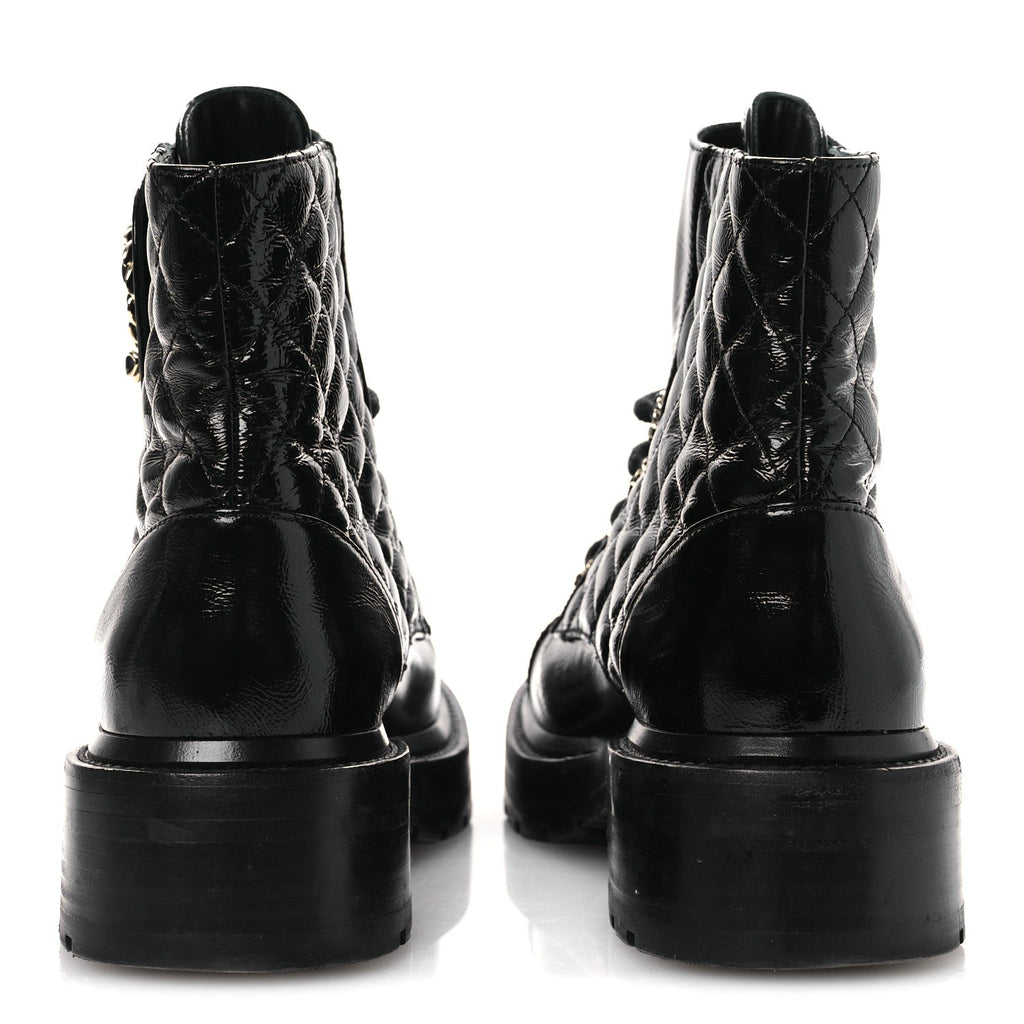 Chanel Shiny Calfskin Quilted Lace Up Combat Boots 37 Black