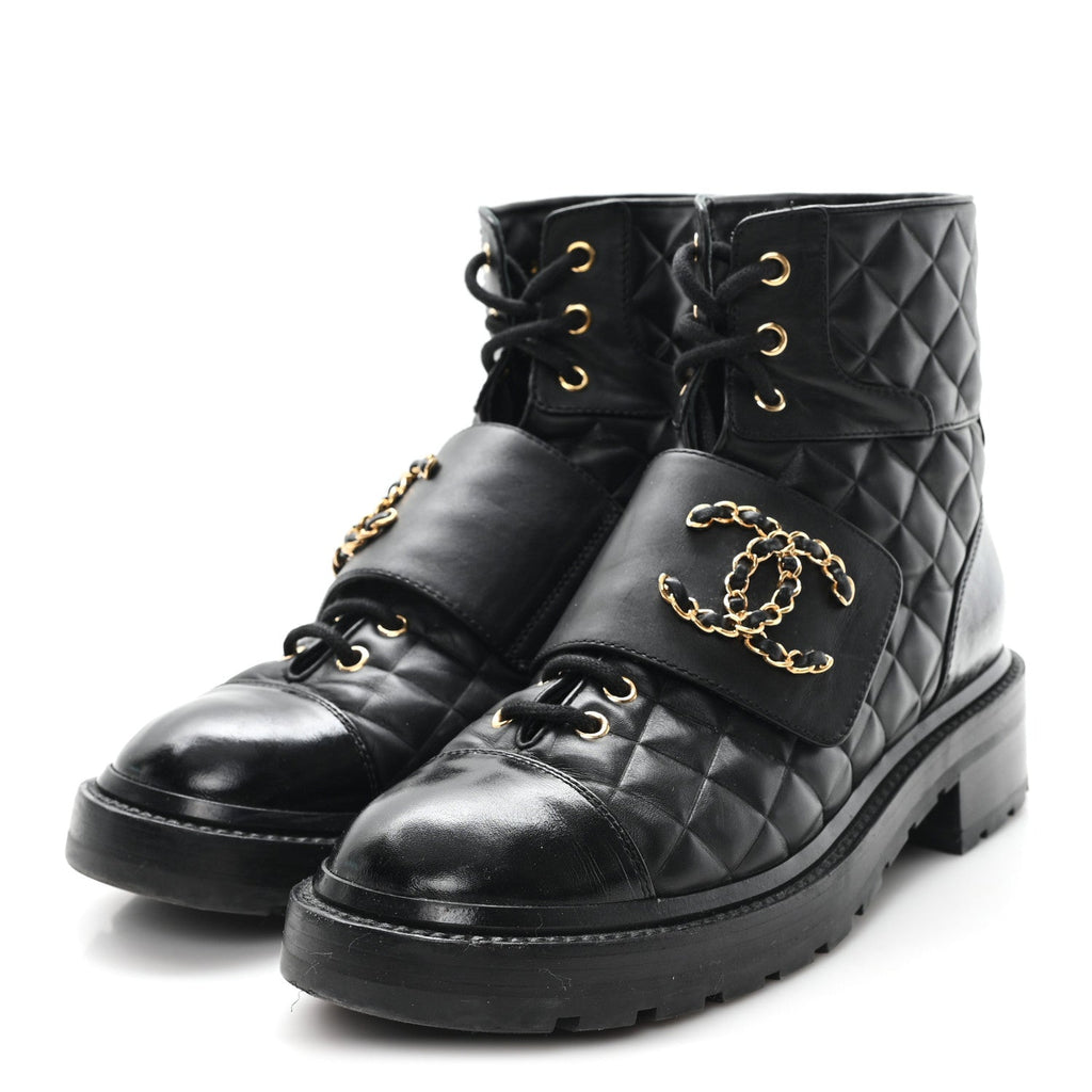 Chanel Shiny Calfskin Quilted Lace Up Combat Boots 38.5 Black