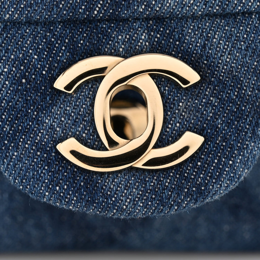 Chanel Printed Denim Quilted Mini Rectangular Flap Dark Blue