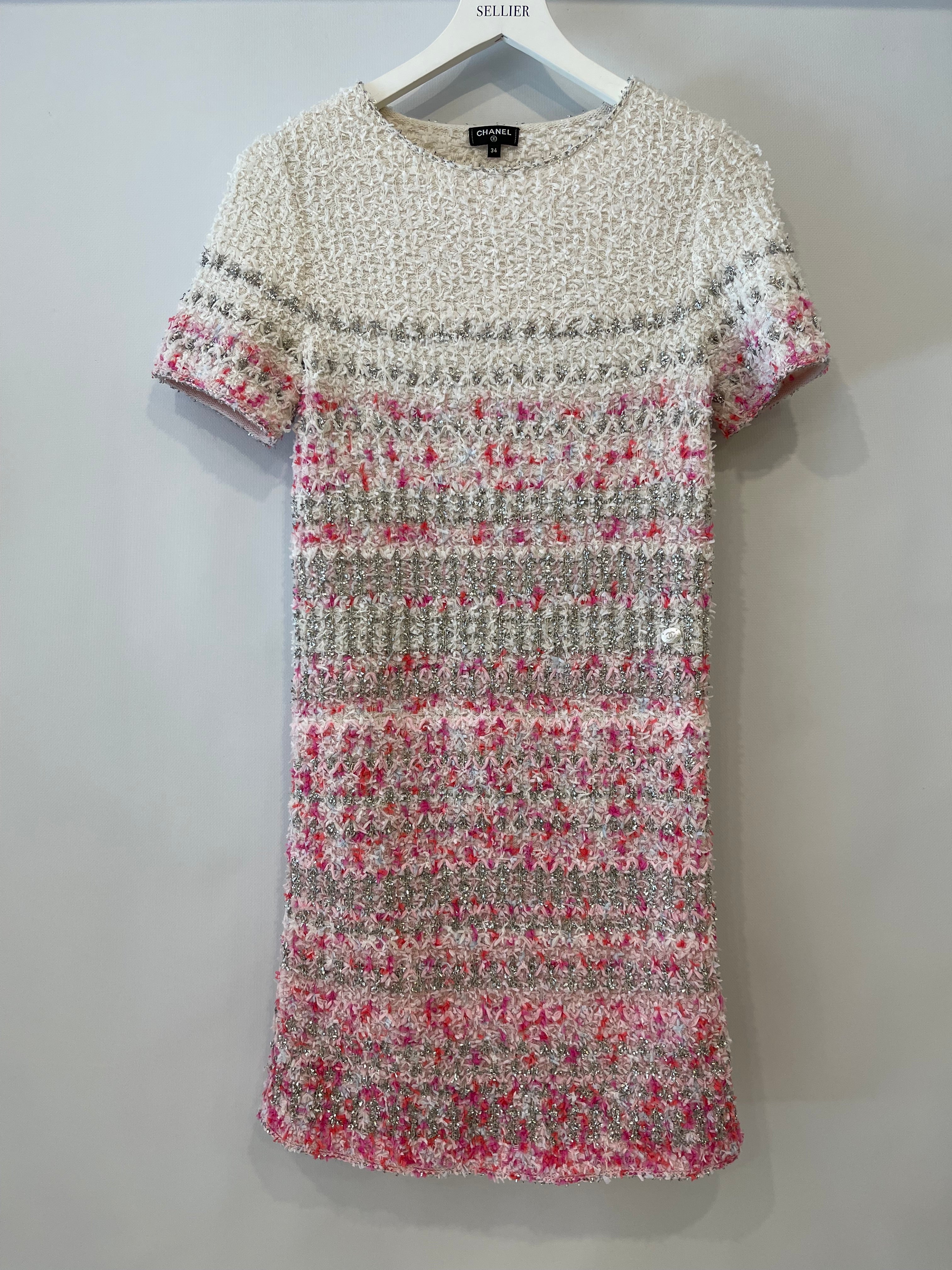 Chanel 2018 Waterfall Collection White, Pink and Silver Short Sleeve Tweed Midi Dress with Size FR 34 (UK 6)