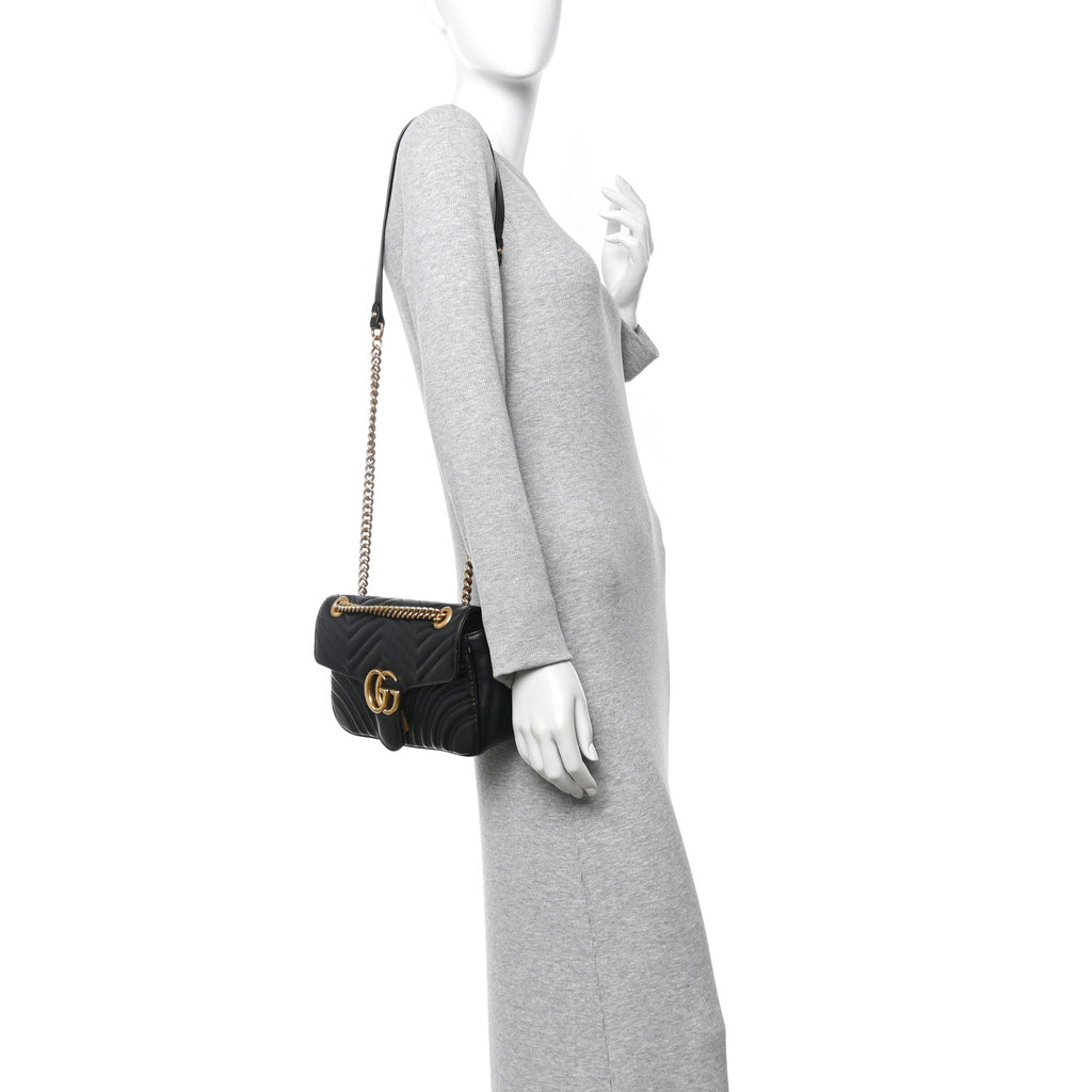 Gucci Calfskin Matelasse Small GG Marmont Shoulder Bag Black