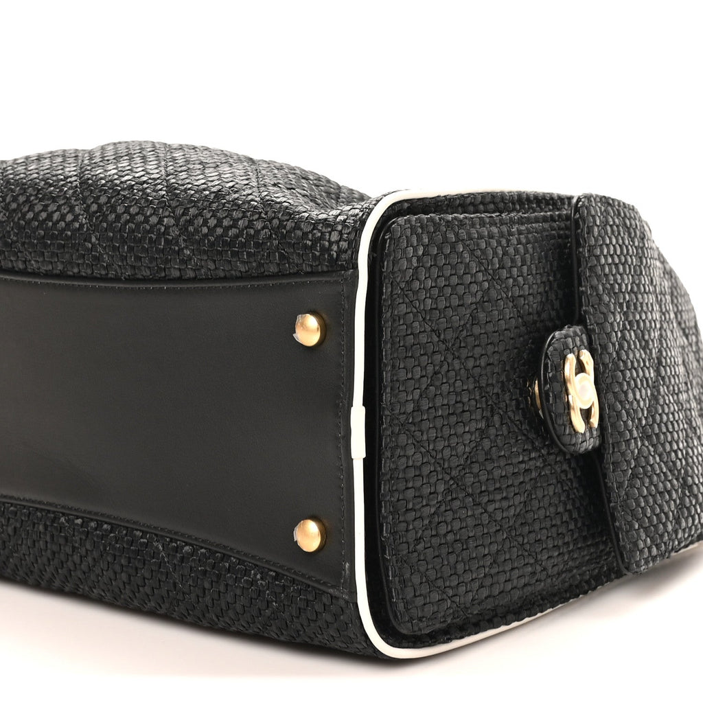 Chanel Braided Raffia Calfskin Quilted Small Chanel 25 Handbag Black White