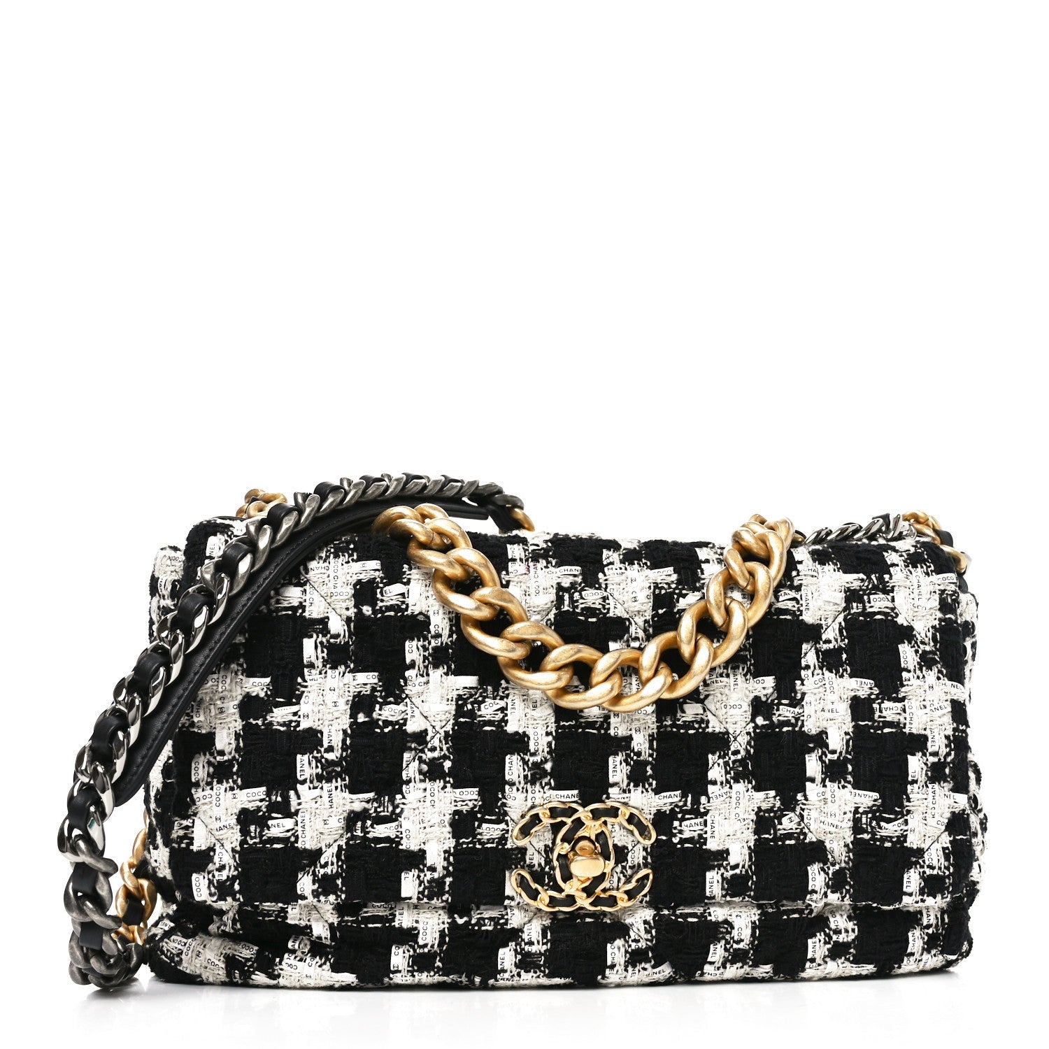 Chanel Tweed Quilted Large Chanel 19 Flap Black Ecru White