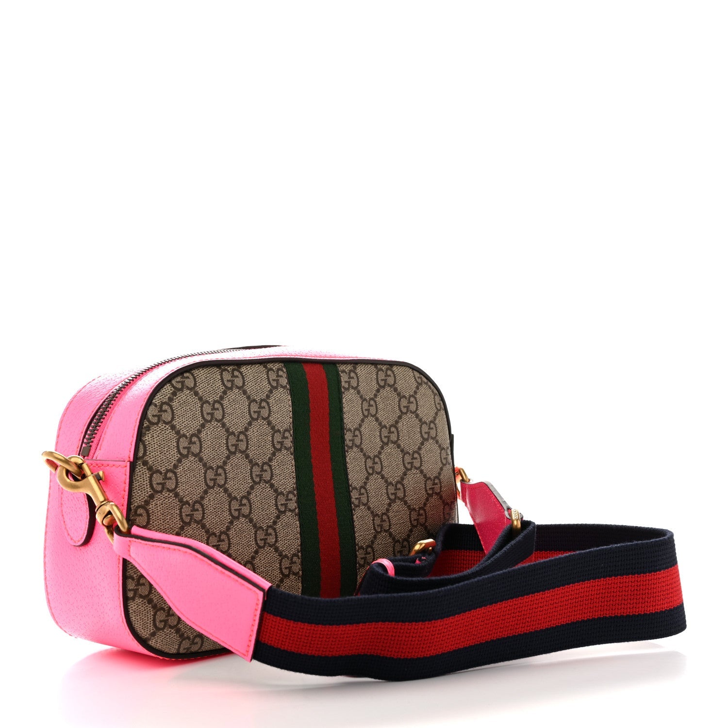 Gucci GG Supreme Monogram Textured Dollar Calfskin Web Ophidia Small Crossbody Bag Beige Ebony Fuchsia