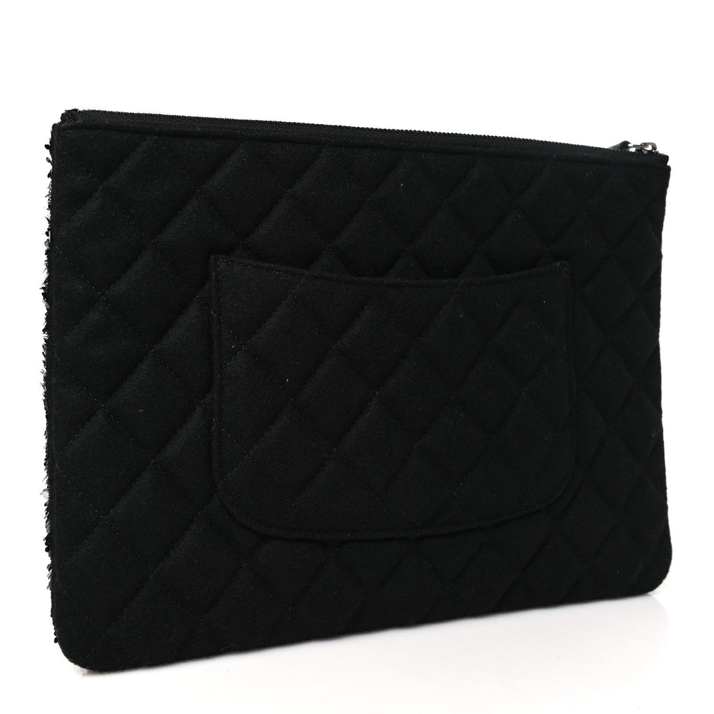 Chanel Sequin Wool Quilted Cosmetic Pouch Black Silver
