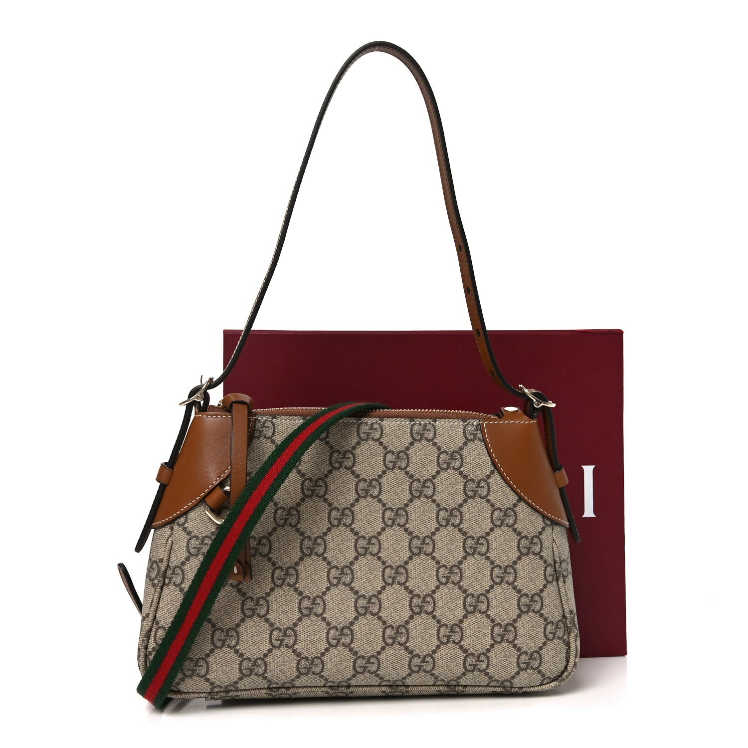 Gucci GG Supreme Monogram Textured Calfskin Small Emblem Shoulder Bag Beige Dark Brown