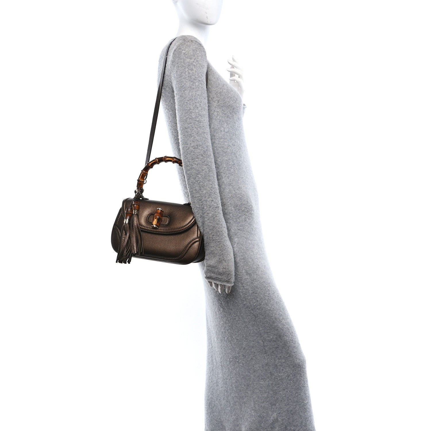 Gucci Metallic Calfskin Medium New Bamboo Top Handle Bag Bronze