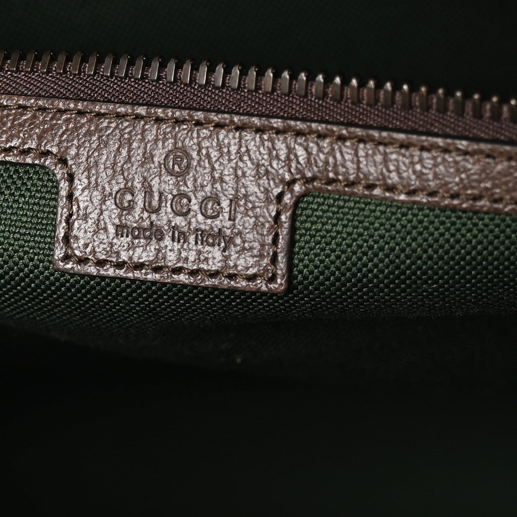 Gucci GG Supreme Monogram Textured Dollar Calfskin Web Medium Savoy Duffle Bag Beige Dark Brown