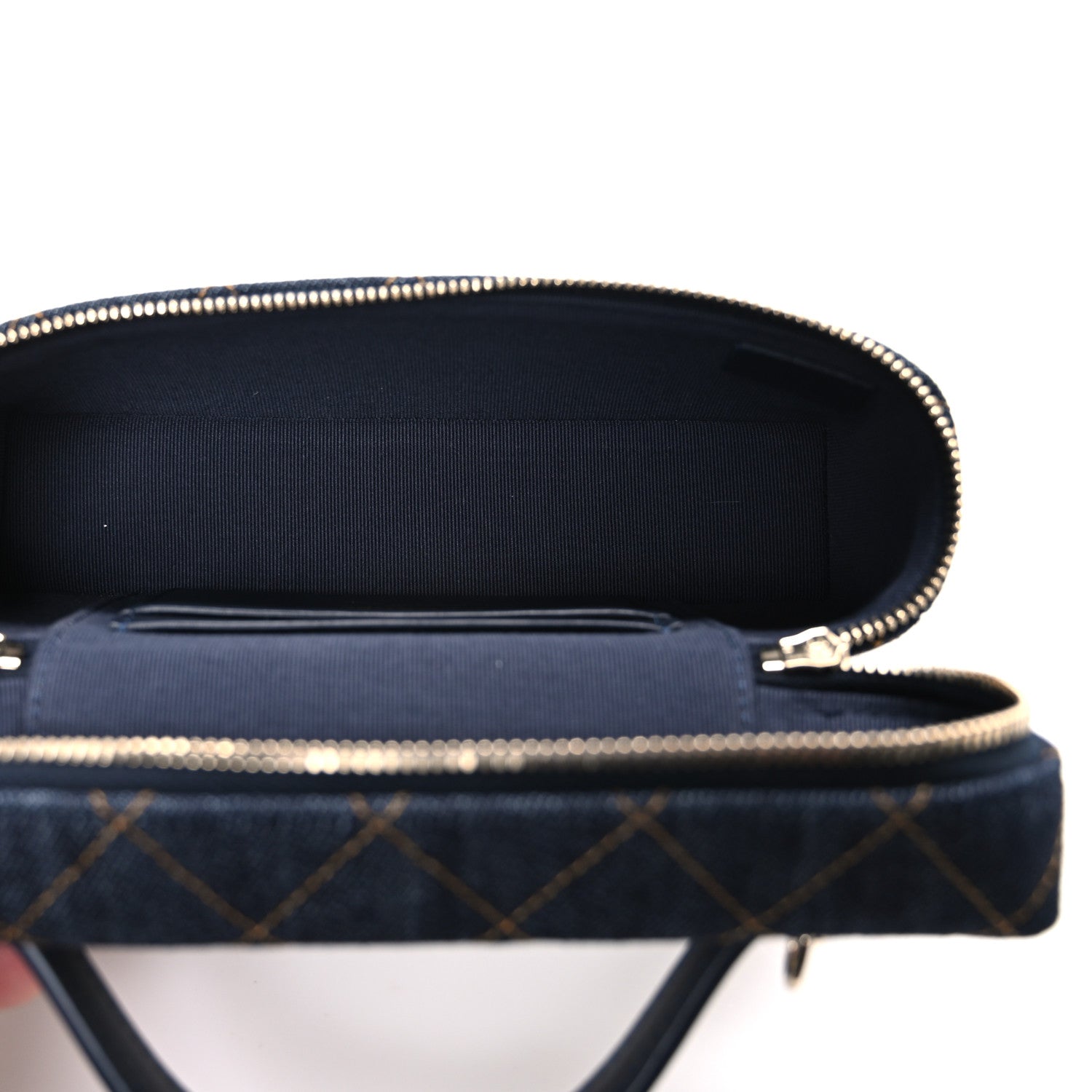 Chanel Denim Quilted Top Handle Slim Vanity Case With Chain Dark Blue Orange