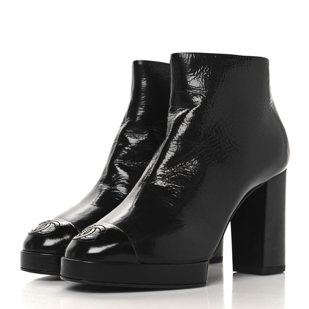Chanel Shiny Crumpled Calfskin CC Cap Toe Ankle Boots 35.5 Black