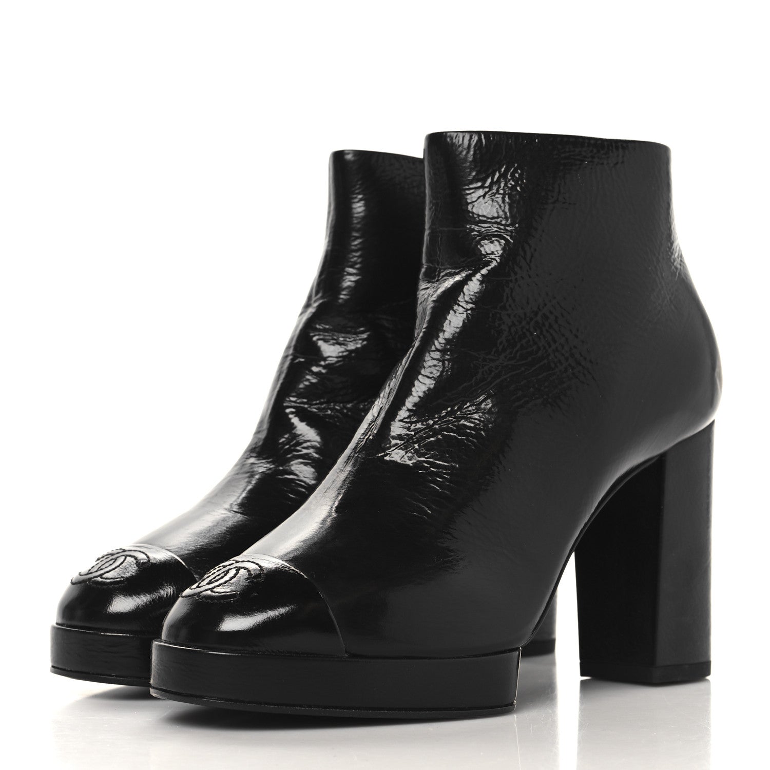 Chanel Shiny Crumpled Calfskin CC Cap Toe Ankle Boots 35.5 Black