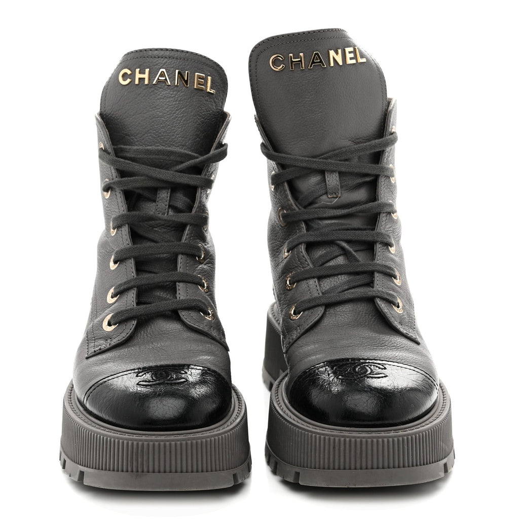 Calfskin CC Lace Up Combat Boots 39 Gray