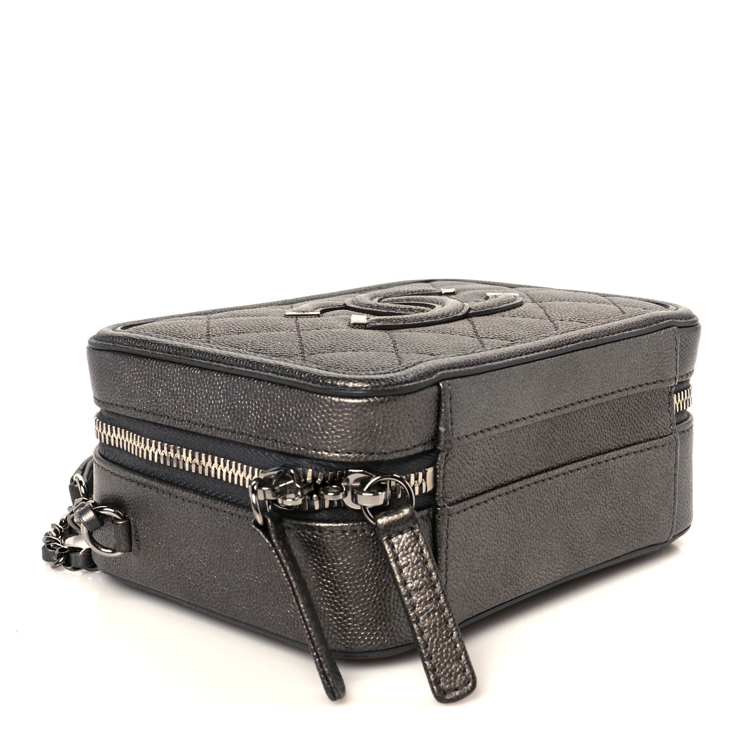 Chanel Metallic Caviar Quilted Small CC Filigree Vanity Case Dark Silver