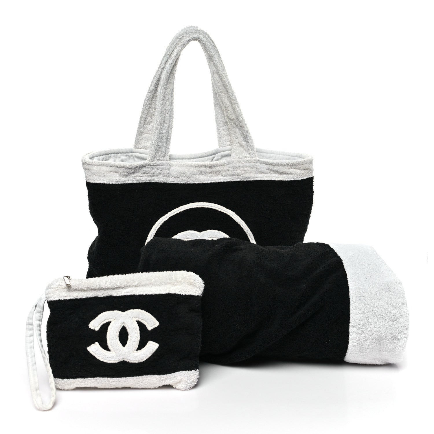 Chanel Terry Cotton CC Beach Tote Towel Set Black White