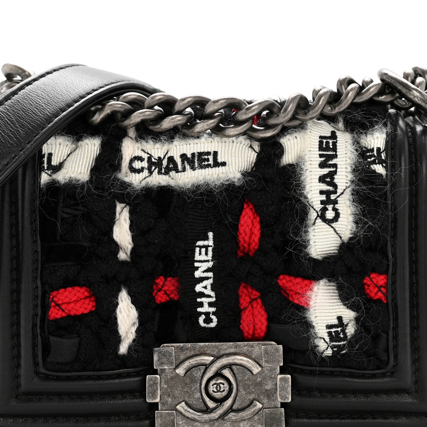 Chanel Lambskin Tweed Logo Embroidered Mini Boy Flap White Red Black