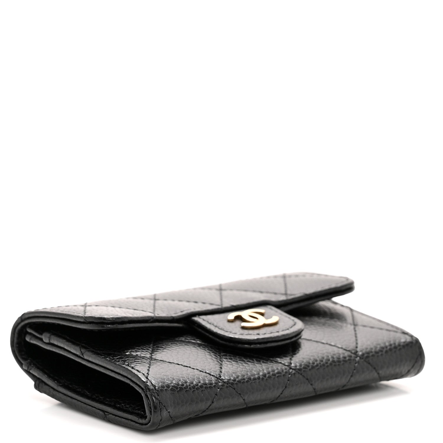Caviar Quilted Flap Card Holder Wallet Black