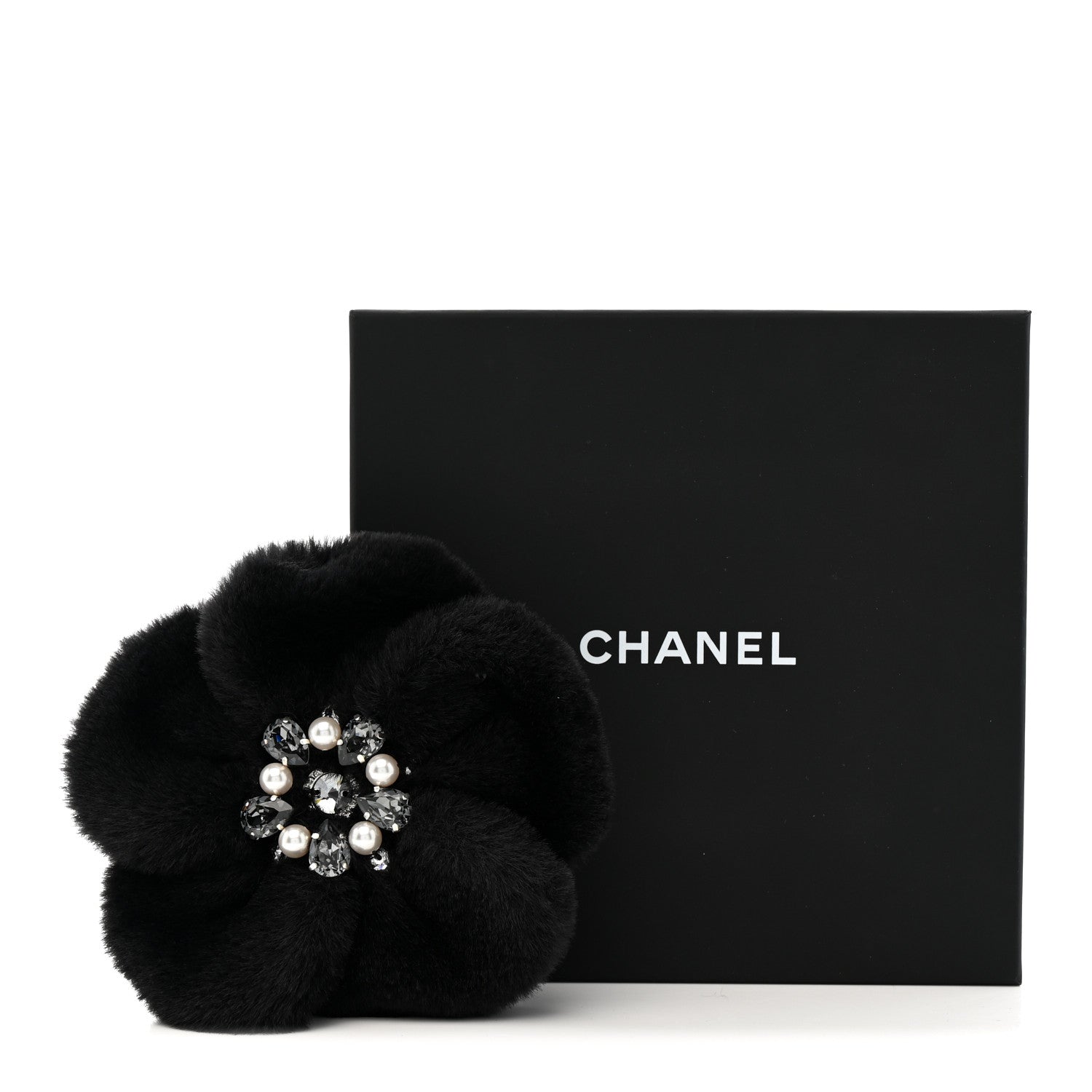 Faux Fur Strass Camellia Brooch Black