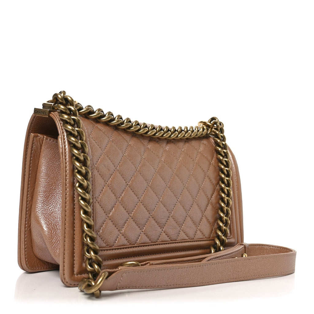 Chanel Metallic Calfskin Quilted Medium Boy Flap Dark Beige